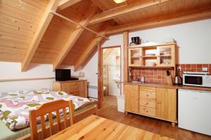 a small kitchen with a bed in a room at Chata Béďa in Bedřichov