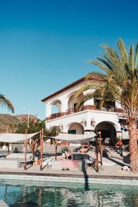 a building with palm trees and a swimming pool at Orchid House Baja in La Paz