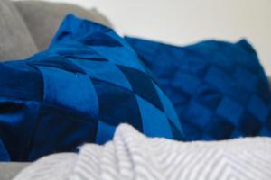 two blue pillows sitting on top of a couch at Greenside Getaway in Newarthill