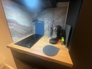 einen Schreibtisch mit Laptop und Kamera drauf in der Unterkunft La cour de la Trésorerie in Metz
