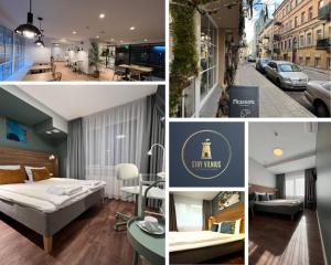 Stay Vilnius Hotel — A collage of photos of a hotel room with a bed