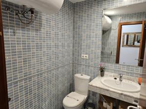 Baño de azulejos azules con aseo y lavamanos en IMEDA Apartamento LOS ALPES I en Sierra Nevada