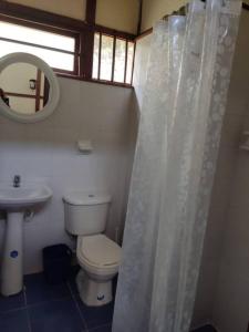 a bathroom with a toilet and a sink and a mirror at Las Palmeras casa en Melgar in Melgar