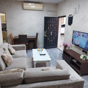 sala de estar con 2 sofás y TV en العين الهيلي مصباح ب 7, en Al Ain