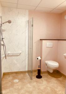 a bathroom with a toilet and a glass shower stall at Résidence Services Séniors in Montignac +9 photos