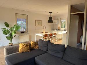 a living room with a gray couch and a kitchen at Vakantiewoning 'Eysinga State' in Sint Nicolaasga