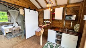 cocina con armarios blancos y lavabo en una habitación en Chalet de Dolé, en Gourbeyre