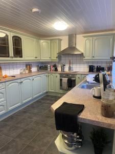 a kitchen with green cabinets and a counter top at Modern Spacious 5 Bed House in Newcastle in Newcastle upon Tyne