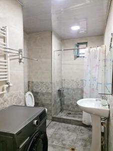 y baño con lavabo, aseo y ducha. en Home in Abastumani en Abastumani