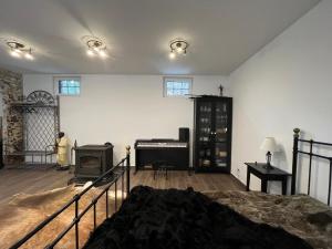 salon z łóżkiem i kominkiem w obiekcie Bergisches Paradies mit Sauna w mieście Wermelskirchen