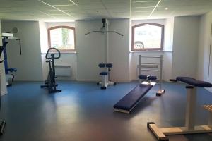 un gimnasio con equipamiento de ejercicio en una sala con dos ventanas en "Le Desman" Confortable T2 à la montagne face aux thermes RANDO, CURE, en Aulus-les-Bains