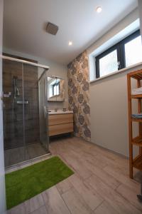 a bathroom with a shower and a sink and a mirror at Rosemary Apartment in Bratislava