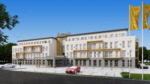 エッテンハイムにあるDiMas Hotel Ettenheim - Rustの赤い車を前に描いたホテルの描写