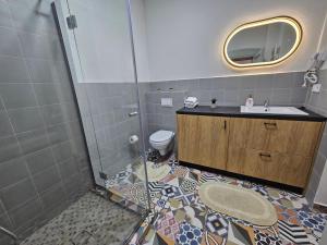 a bathroom with a shower and a sink and a toilet at Cozy Luxury Apartments - City Center #Targu Mures in Târgu-Mureş