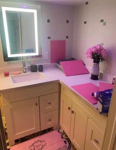 a bathroom with a sink and a counter with pink paper at Cozy Basement Apartment in Brampton