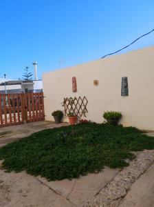 un edificio bianco con alcune piante in un cortile di La llar de Marisa, els Muntells (Delta de l'Ebre) a Els Muntells