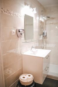 a white bathroom with a sink and a shower at Maria Grazia Hotel in Saint-Gâtien-des-Bois