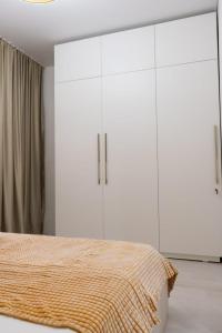 a bedroom with white cabinets and a bed at Евродвушка в ЖК Тениз in Kostanay