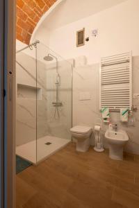 uma casa de banho com um chuveiro, um WC e um lavatório. em Domus Antiche Mura em Asti