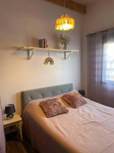 ein Schlafzimmer mit einem Bett mit zwei Kissen darauf in der Unterkunft Gîtes, maisonnette de charme in Crestet