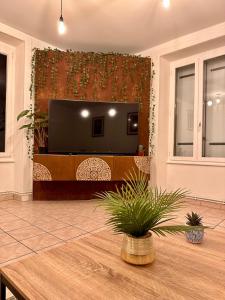 un soggiorno con TV a schermo piatto a parete di L'Atelier loft a Foucherans