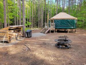 a gazebo and a fire pit in the woods at Rufus III Yurt on the river in Brownfield