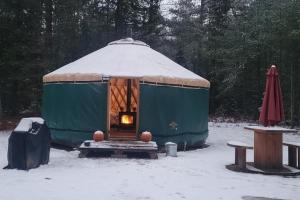 Una yurta con fuego en la nieve en Ava Jade Yurt en Brownfield