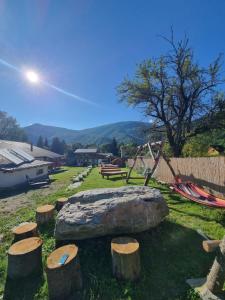 a playground with a large rock and wooden logs at Vila Eruga- Apartament 3 in Poiana Mărului