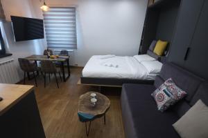 亚霍里纳Jahorina Dvosjed Apartman 6的一间有床、沙发和桌子的房间
