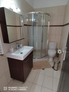 ein Badezimmer mit Dusche, Waschbecken und Toilette in der Unterkunft Stella Luxury Apartment Kalathos in Kalathos