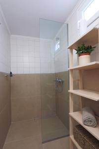 uma casa de banho com um chuveiro e uma porta de vidro em Garden House Retreat em Drama