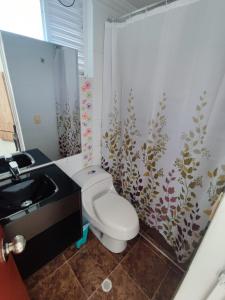 a bathroom with a toilet and a sink at Hotel Mastranto in Villavicencio