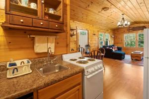 a kitchen with a stove and a sink in a cabin at Dream Weaver Cabin in Candler