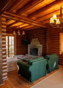 a living room with a fireplace and green furniture at Paradise Chalet in Ano Trikala