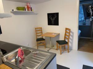 a kitchen with a sink and a table with chairs at Fjällkåken in Idre