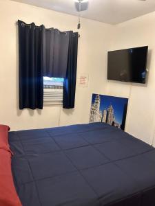 a bedroom with a blue bed and a flat screen tv at A Spacious & Blissful Stay in queens in Laurelton
