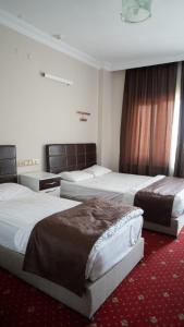 Habitación de hotel con 2 camas y alfombra roja en Gürsoy Kampüs Otel en Beysehir