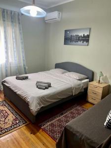 1 dormitorio con 1 cama con 2 almohadas en Elena's House, en Tríkala