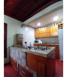 eine Küche mit einer Arbeitsplatte aus Stein und einem Herd in der Unterkunft Casa de campo próximo a Gramado in Três Coroas