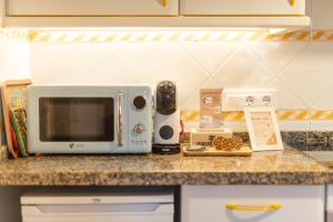 a microwave sitting on top of a kitchen counter at Apto histórico en el centro, a 2 min de la playa in Llanes