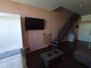 1 dormitorio con 1 cama y TV en la pared en El Rincón de la Gavia en Madrid