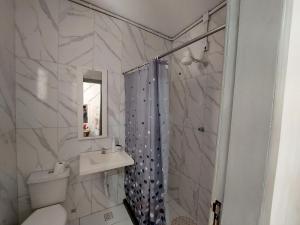 een badkamer met een toilet, een wastafel en een douche bij Guest House Palmeiras in Cabo Frio