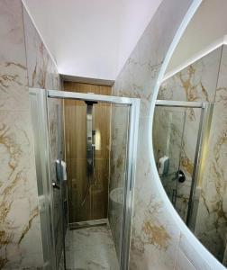 a bathroom with a walk in shower and a mirror at Hotel Villa Marosa in Rapallo