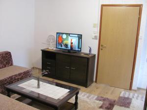 a living room with a tv and a couch and a table at Apartman Safir in Sarajevo