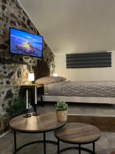 a bedroom with a bed and a tv on a wall at Casa del Jaguar in Gorges