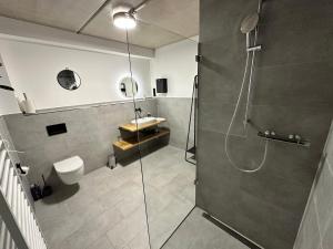 a bathroom with a shower and a toilet and a sink at Luxuriöses Apartment direkt am Kanal 125 m² - youpartments in Münster