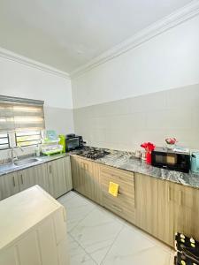 a kitchen with a stove and a counter top at Exotic 2 BR Apartment at Wuye, Abuja - Wifi,Netflix in Abuja