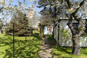 a yard with trees and a white building at Fischerhaus 2, Ostsee, 5 Min. zum Strand, 8 Pers. in Kröslin