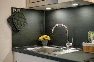 um lavatório de cozinha com uma torneira e um vaso de flores em Modernes 2-Zimmer Themen-Apartment "Meereslust" im Zentrum em Bayreuth