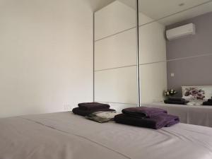利馬索爾的住宿－Κομψό διαμέρισμα 2 υπνοδωματίων，一间设有床铺的房间,上面有两条毛巾